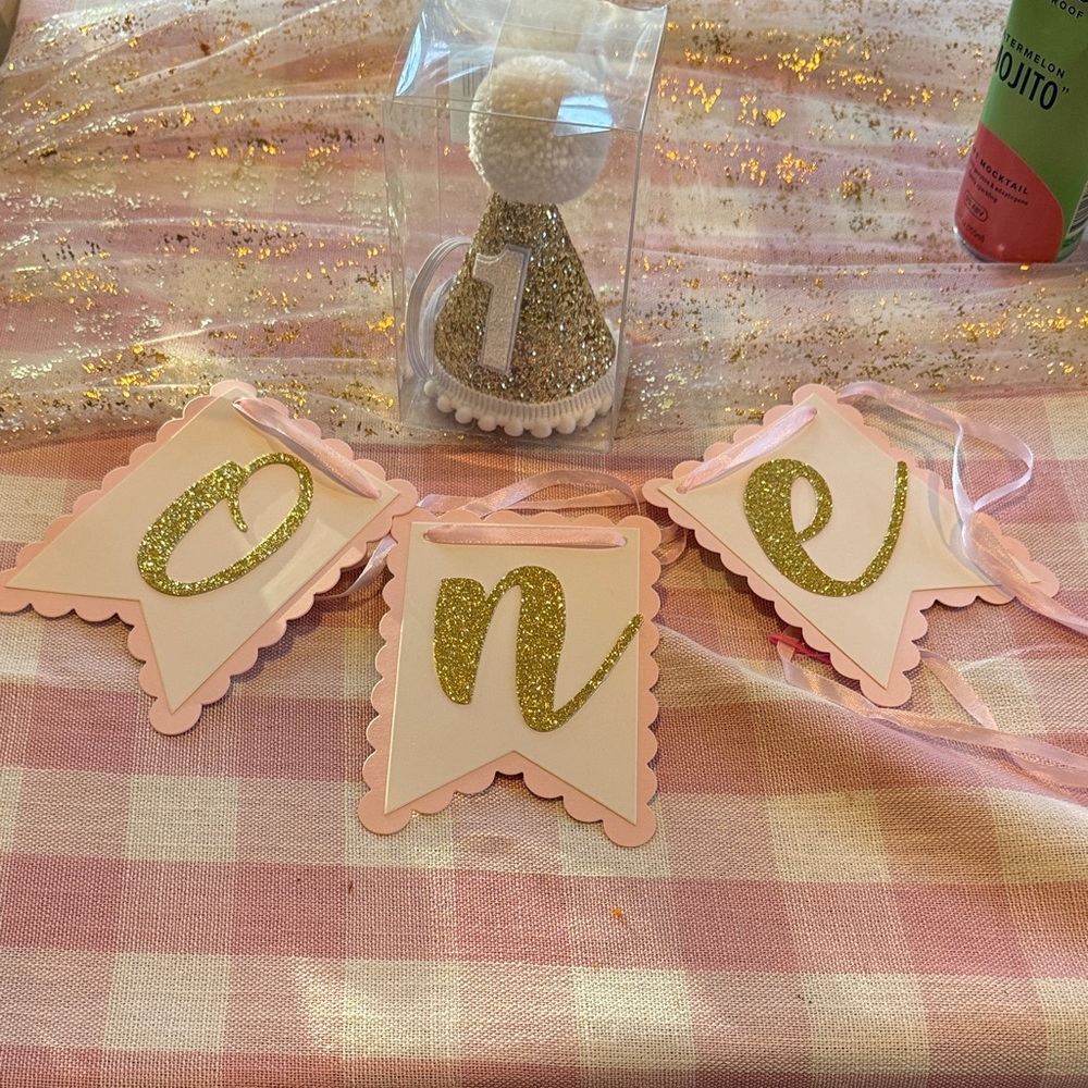 Pink and Gold Party Banner for First Birthday